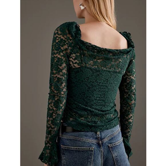 Anthropologie NEW Puff Shoulder Lace Top Size M Stretchy Fabric - Picture 2 of 16